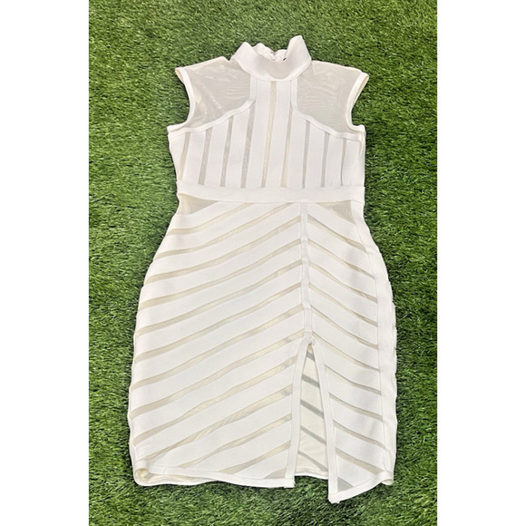 Kira Kira White Structured Mesh Panel Bodycon Dress Mock Neck Slit Bandage XS - Picture 1 of 9